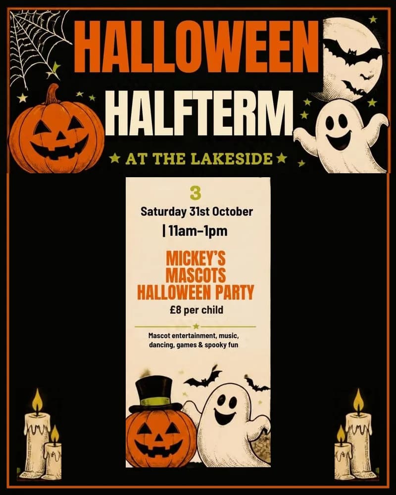 Mickey's Mascots Halloween Party poster from Halloween Half Term at The Lakeside: Saturday 31 October, 11am to 1pm, £8 per child