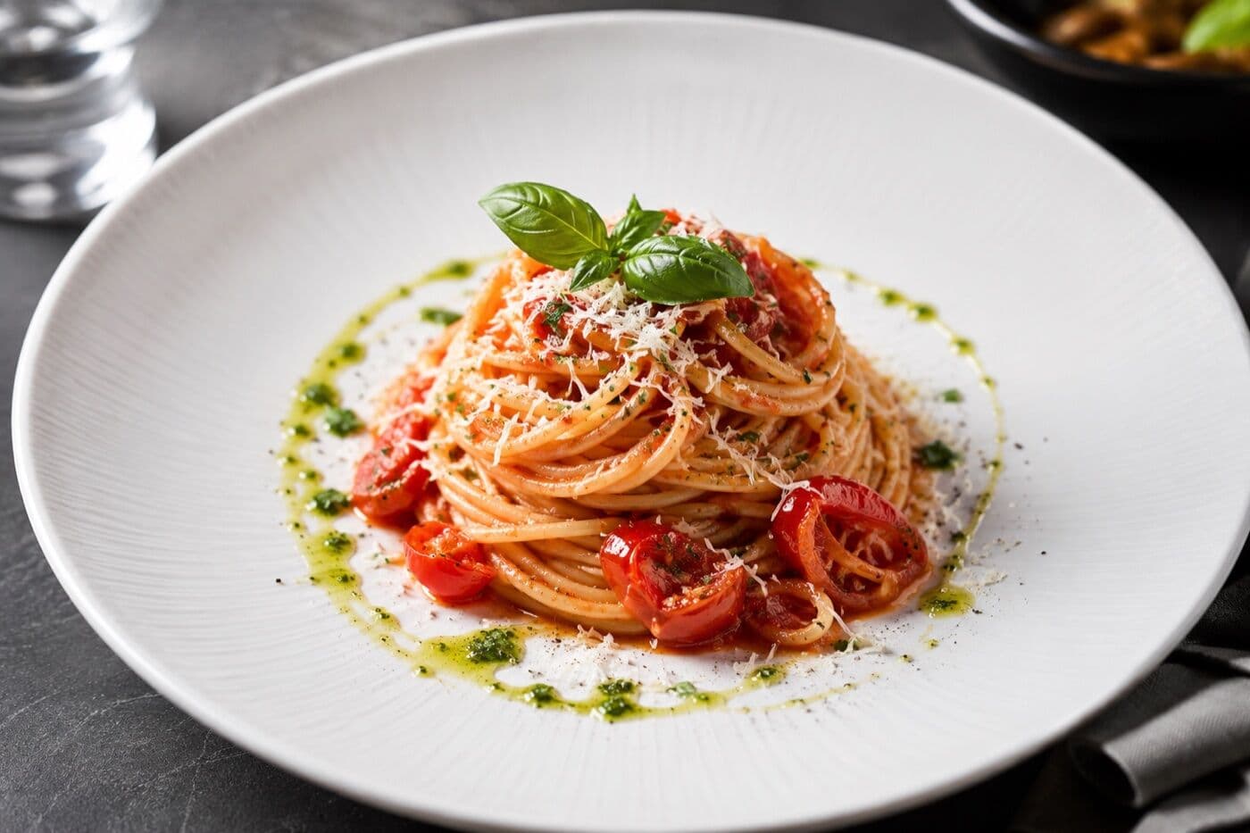 A plate of spaghetti in a rich tomato sauce with fresh basil and parmesan, served on Italian Night at The Lakeside Inn