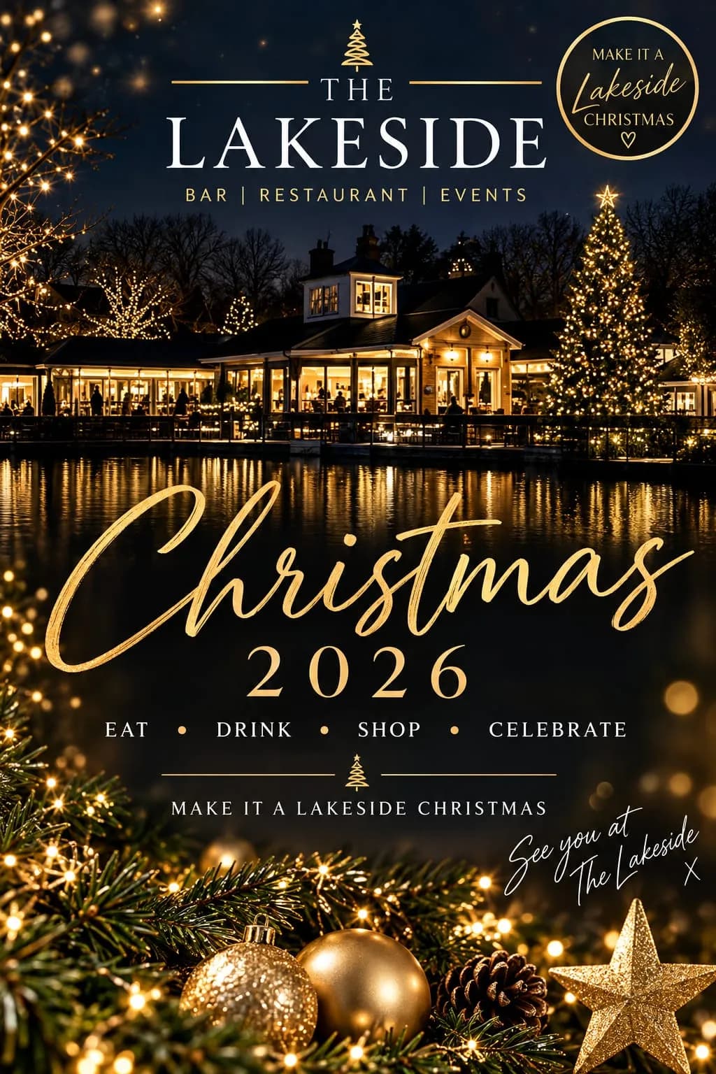 Christmas 2026 at The Lakeside poster, with the inn lit up by fairy lights and a Christmas tree reflected in the lake