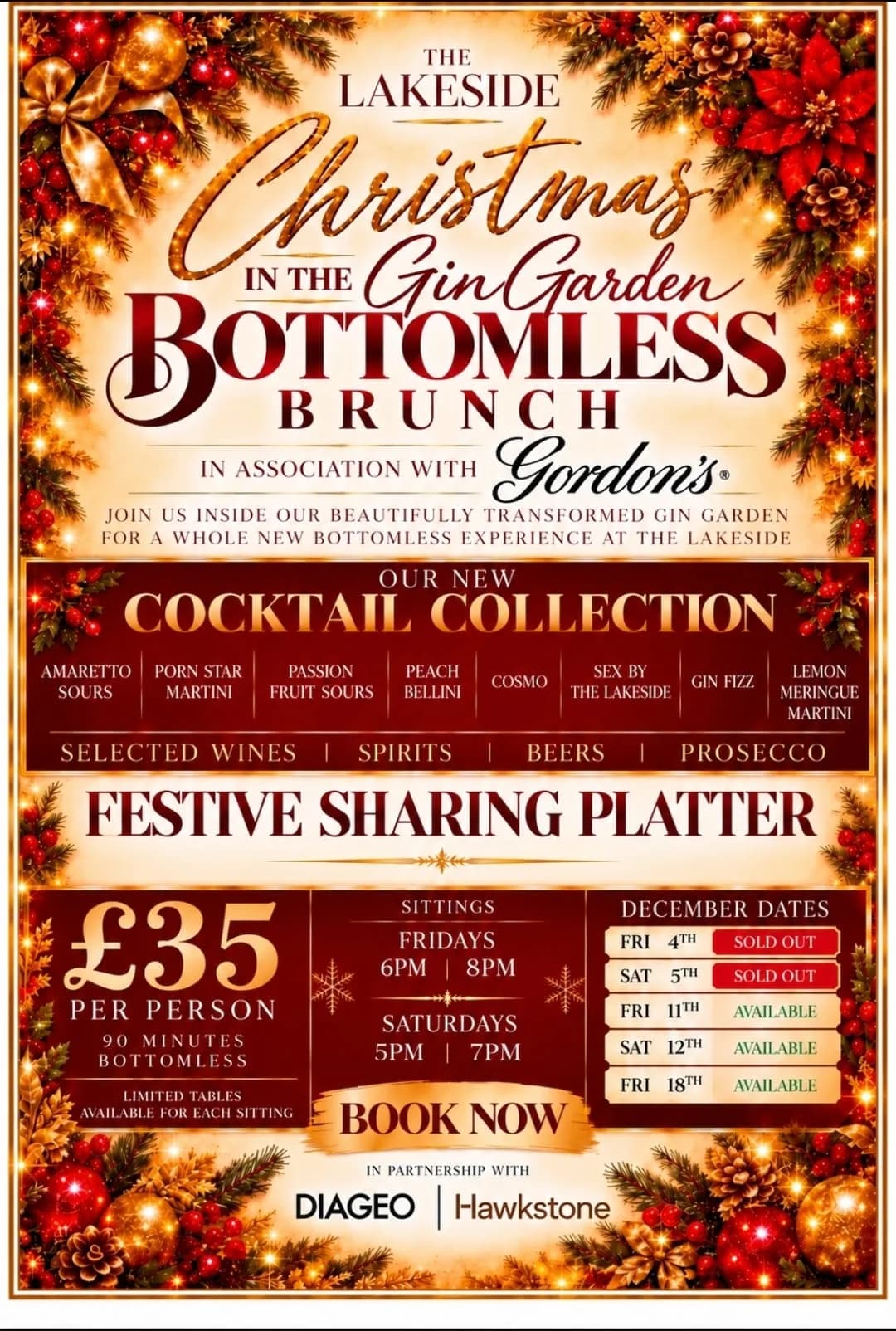 Christmas in the Gin Garden Bottomless Brunch poster, in association with Gordon's: a new cocktail collection and a festive sharing platter, £35 per person for 90 minutes bottomless, Fridays 6pm and 8pm and Saturdays 5pm and 7pm. December dates Friday 4th and Saturday 5th sold out, Friday 11th, Saturday 12th and Friday 18th available