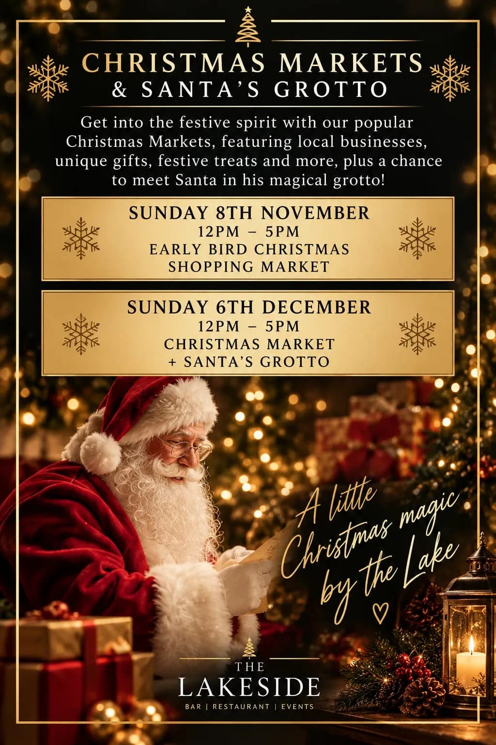 Christmas Markets and Santa's Grotto poster: an Early Bird Christmas Shopping Market on Sunday 8 November and a Christmas Market with Santa's Grotto on Sunday 6 December, both 12pm to 5pm