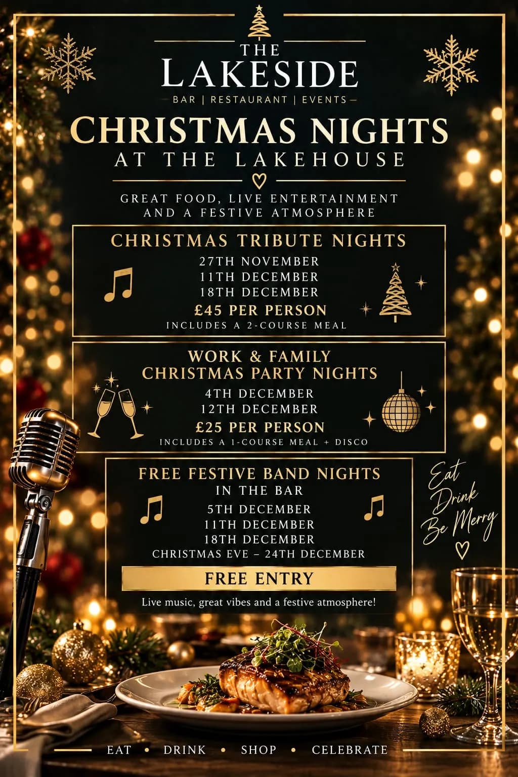 Christmas Nights at the Lakehouse poster: tribute nights at £45 per person with a two-course meal, work and family party nights at £25 per person with a meal and disco, and free festive band nights in the bar