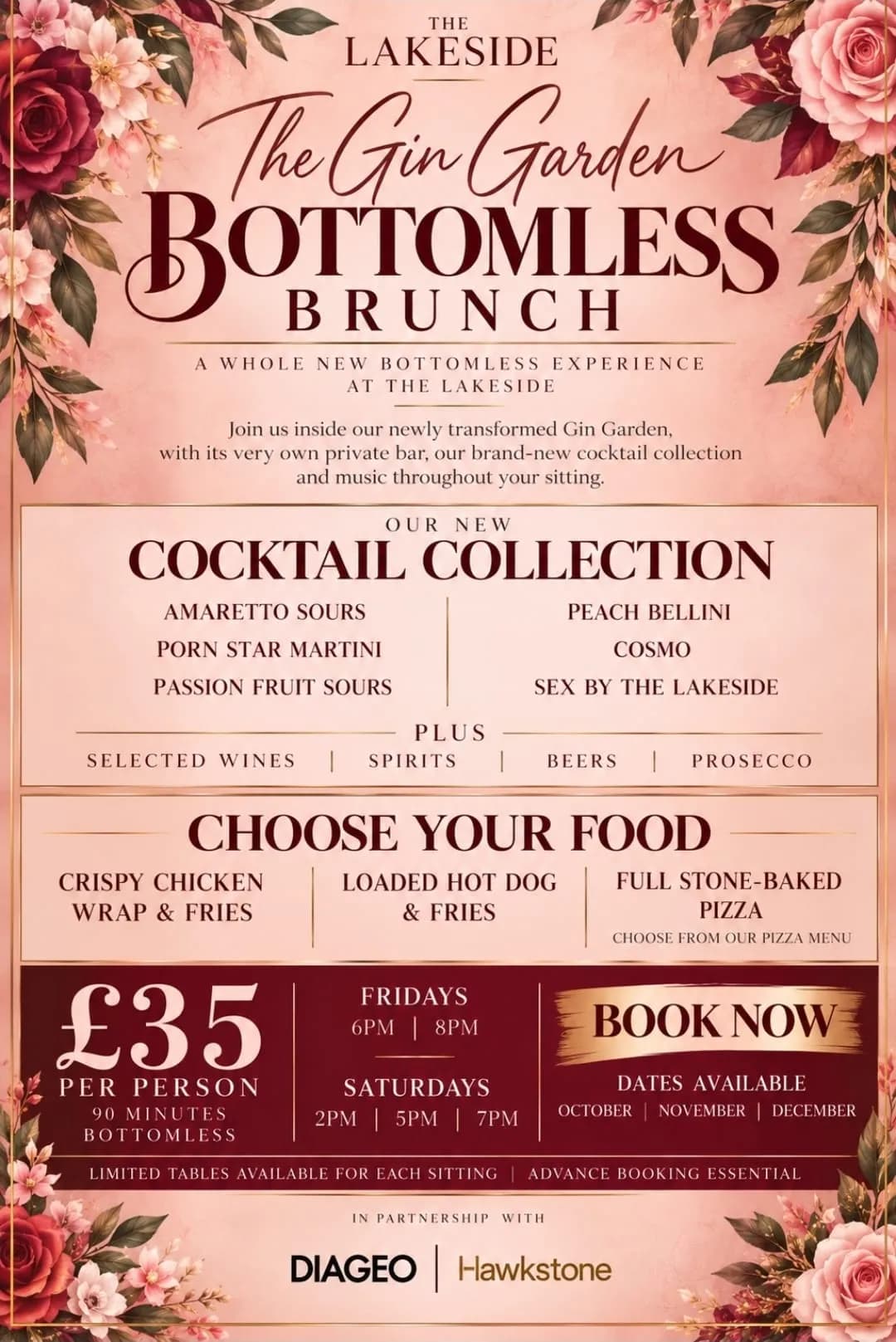 The Gin Garden Bottomless Brunch at The Lakeside poster: a new cocktail collection plus wines, spirits, beers and prosecco, a choice of food, £35 per person for 90 minutes, Fridays at 6pm and 8pm and Saturdays at 2pm, 5pm and 7pm through October, November and December