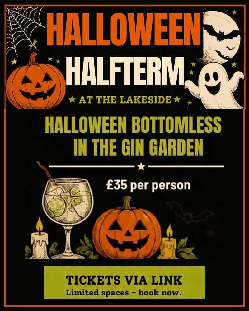 Halloween Bottomless in the Gin Garden, £35 per person, illustrated with a gin glass, a carved pumpkin and candles