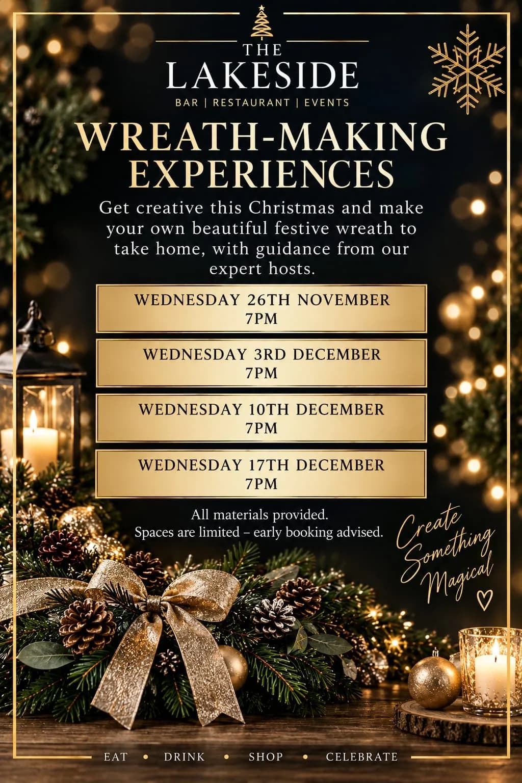 Wreath-Making Experiences poster: make your own festive wreath with guidance from expert hosts and all materials provided, four evenings at 7pm in November and December