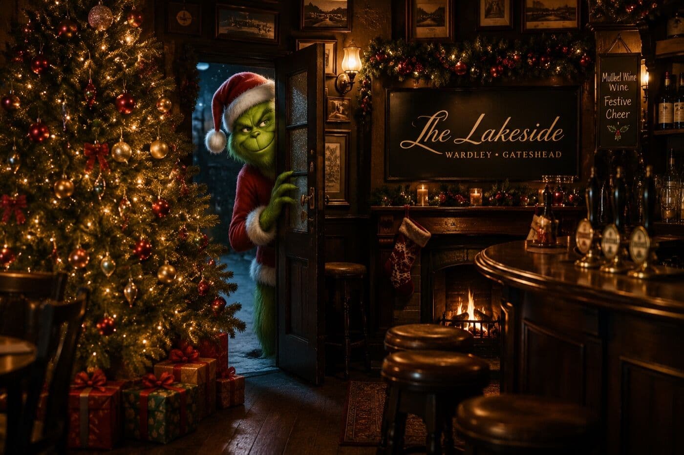 The Grinch in a Santa suit peeking through the door of The Lakeside Inn at Christmas, beside a lit tree, presents and a roaring fire